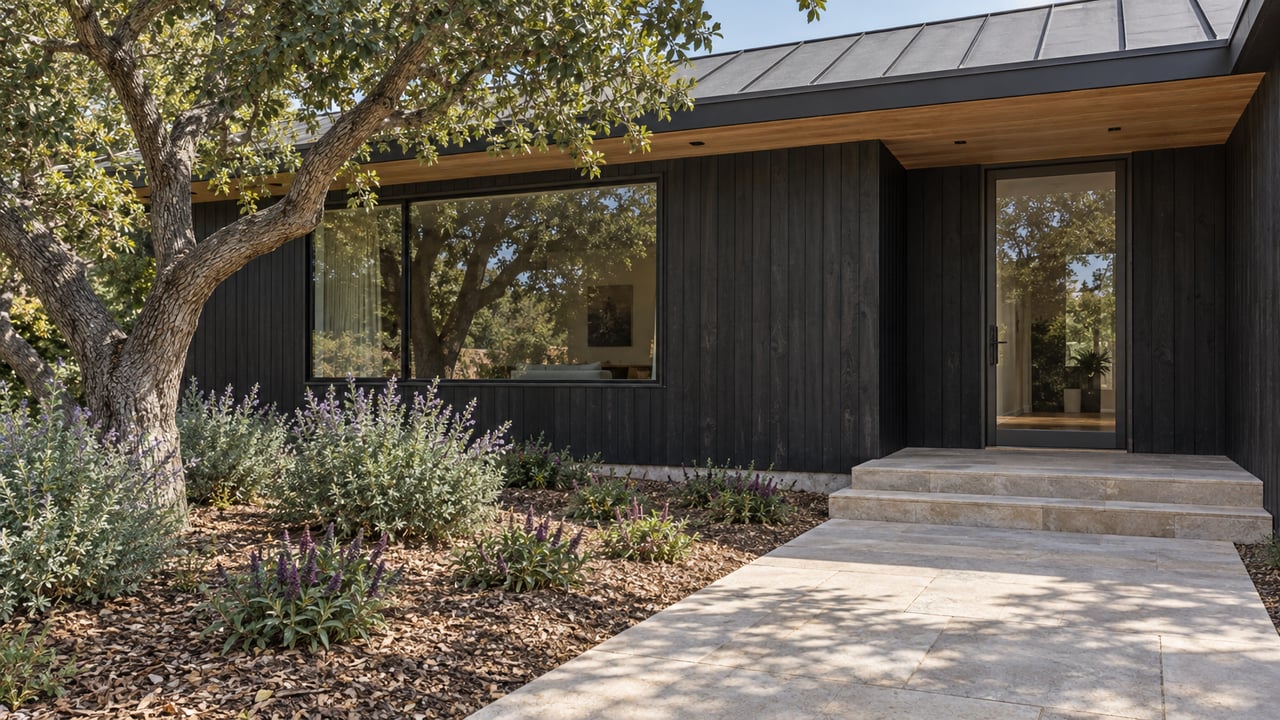 Dark timber-clad home with a metal roof, warm wood soffit, stone entrance path and a mature spreading oak.