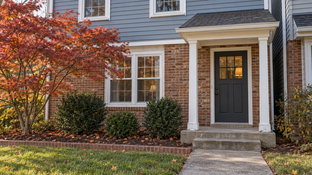 Blue-gray siding and russet brick on an attached home, with a covered entrance, white-trimmed windows and a small autumn maple beside the front walk.