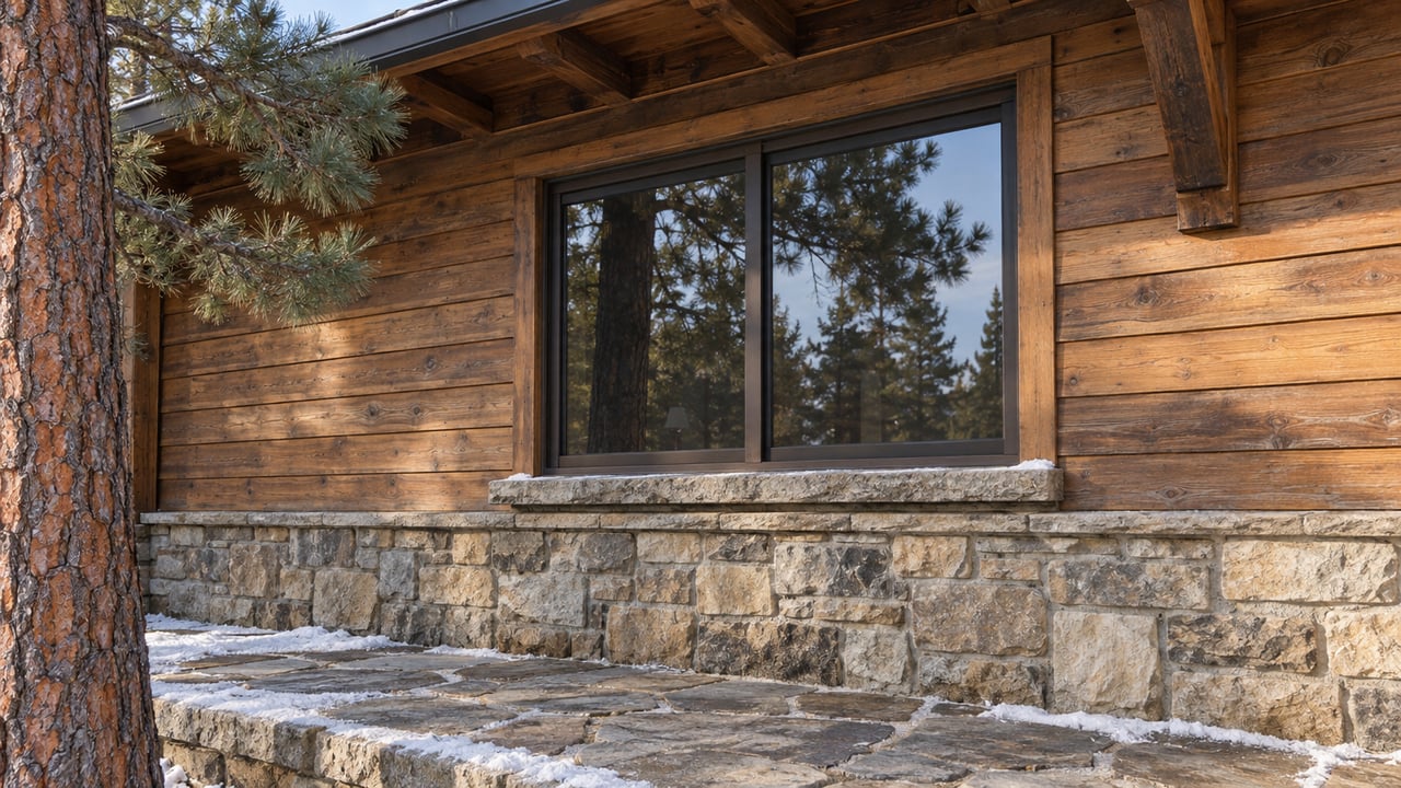 Snow lightly dusts a sandstone terrace beneath a cedar-clad window bay and timber eave beside a mature pine.