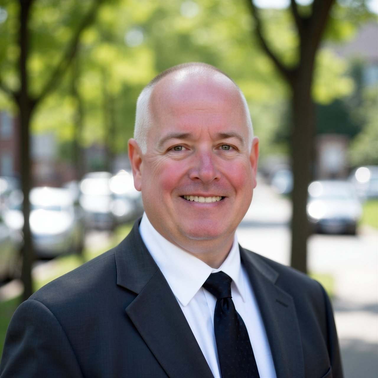 Smiling bald man in a dark suit and tie, photographed outdoors against leafy trees.