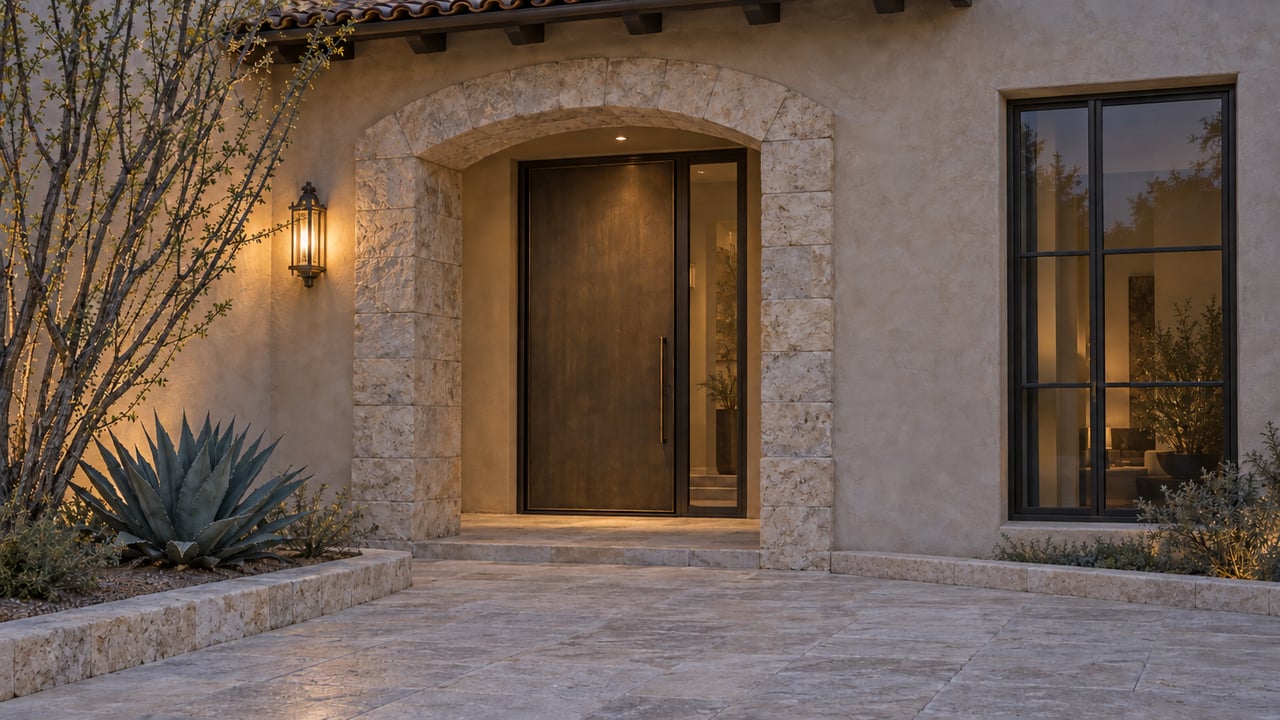 Stucco entry with an arched limestone doorway, bronze door, and limestone curb edging the right gravel bed.
