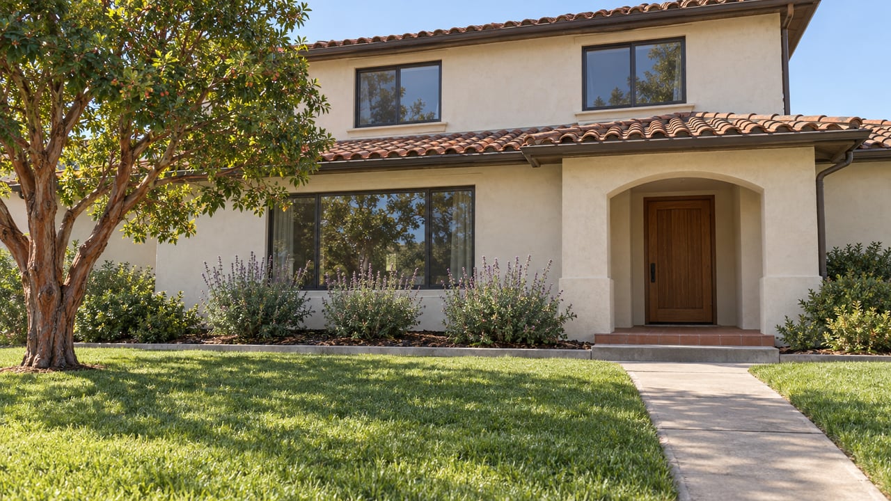 An ivory stucco home with a clay-tile roof, deep front lawn, strawberry tree and a concrete walk leading to a sheltered oak entry.