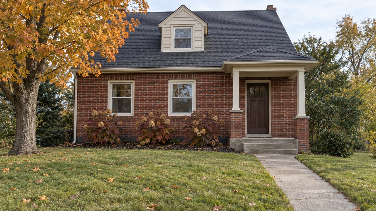Red-brick gabled home behind a deep autumn lawn, with an amber maple and a sheltered front entrance.