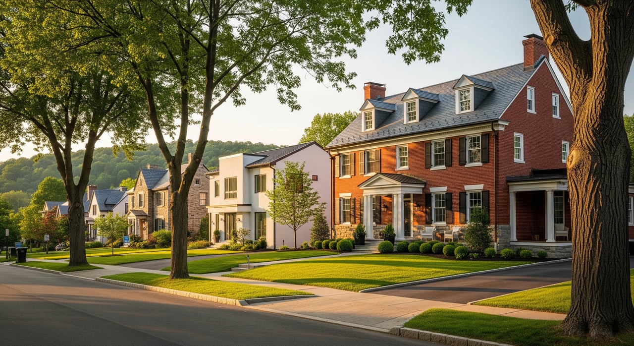 Red-brick house with white columns beside a modern pale-pink home on a leafy suburban street.