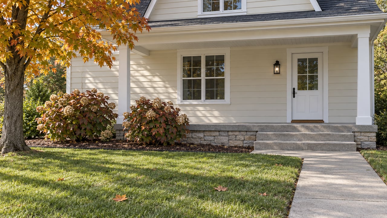 Cream-sided home with a covered concrete porch, white window grids and an autumn lawn beside an amber-leaved sugar maple.