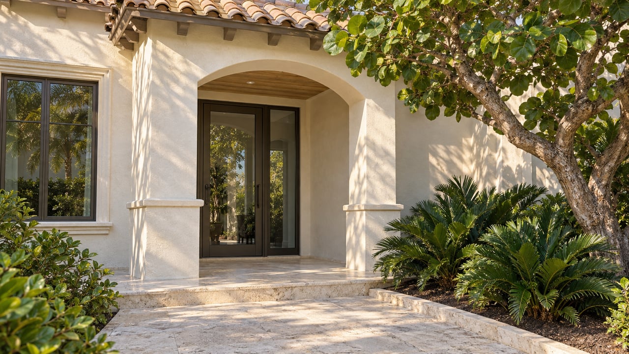 Sunlit stucco entry with a clay-tile roof, bronze-framed glass door, shell-stone steps and a sea grape tree.