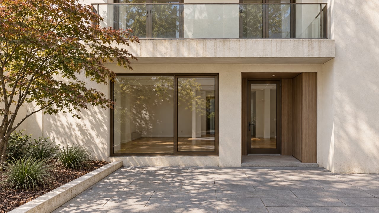 Sunlit condominium courtyard with ivory stucco, bronze-framed glazing, a glass balcony and a Japanese maple beside limestone-edged paving.