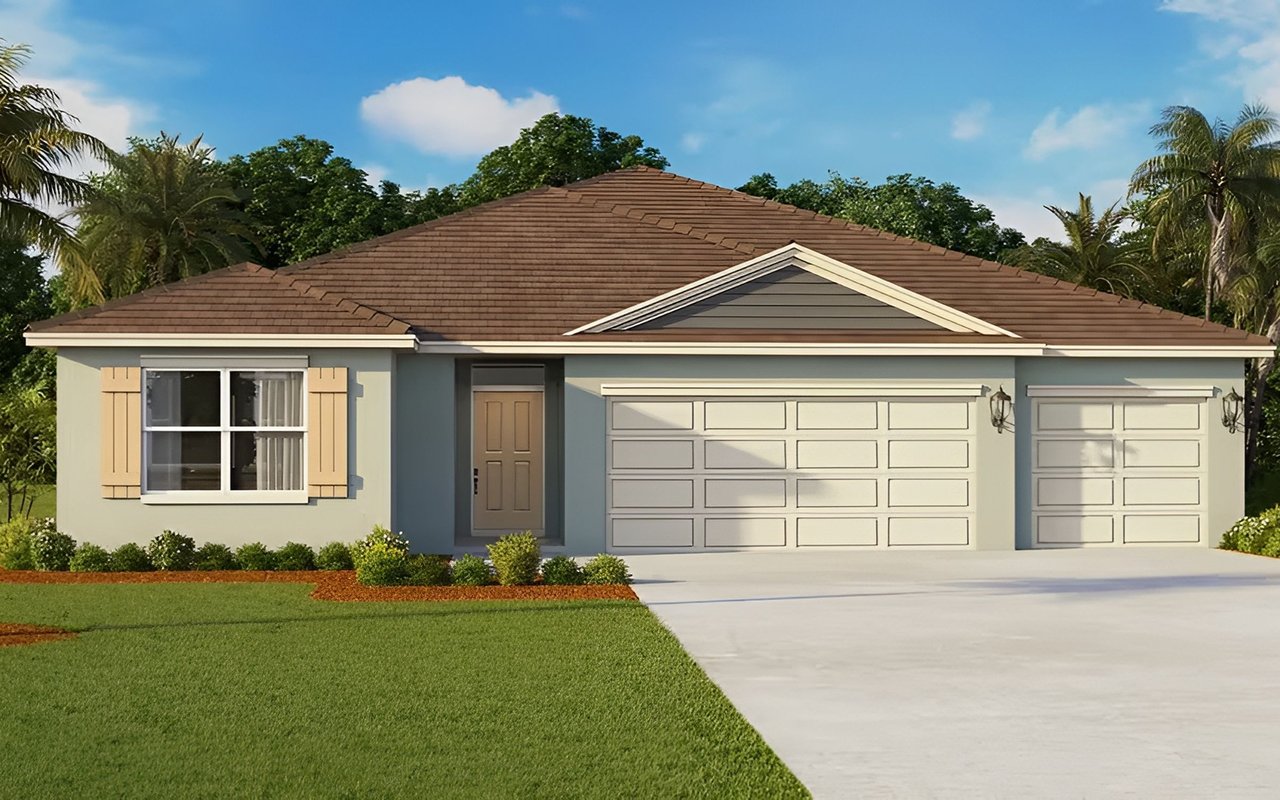Single-story blue-gray house with a brown tiled roof, double garages, and palm trees.