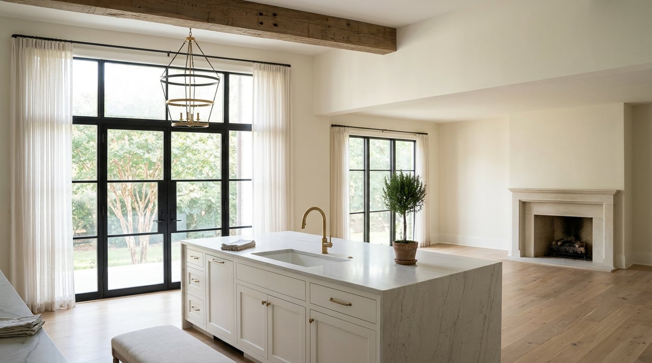 Double-height kitchen with a waterfall quartz island, black-framed glass doors, and a crape myrtle outside.