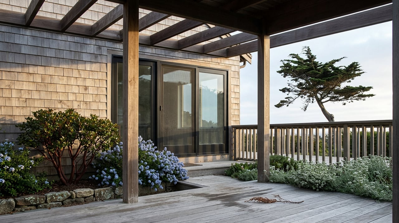 Covered porch with weathered cedar shingles, black sliding doors, gray decking, and a wind-shaped cypress tree.