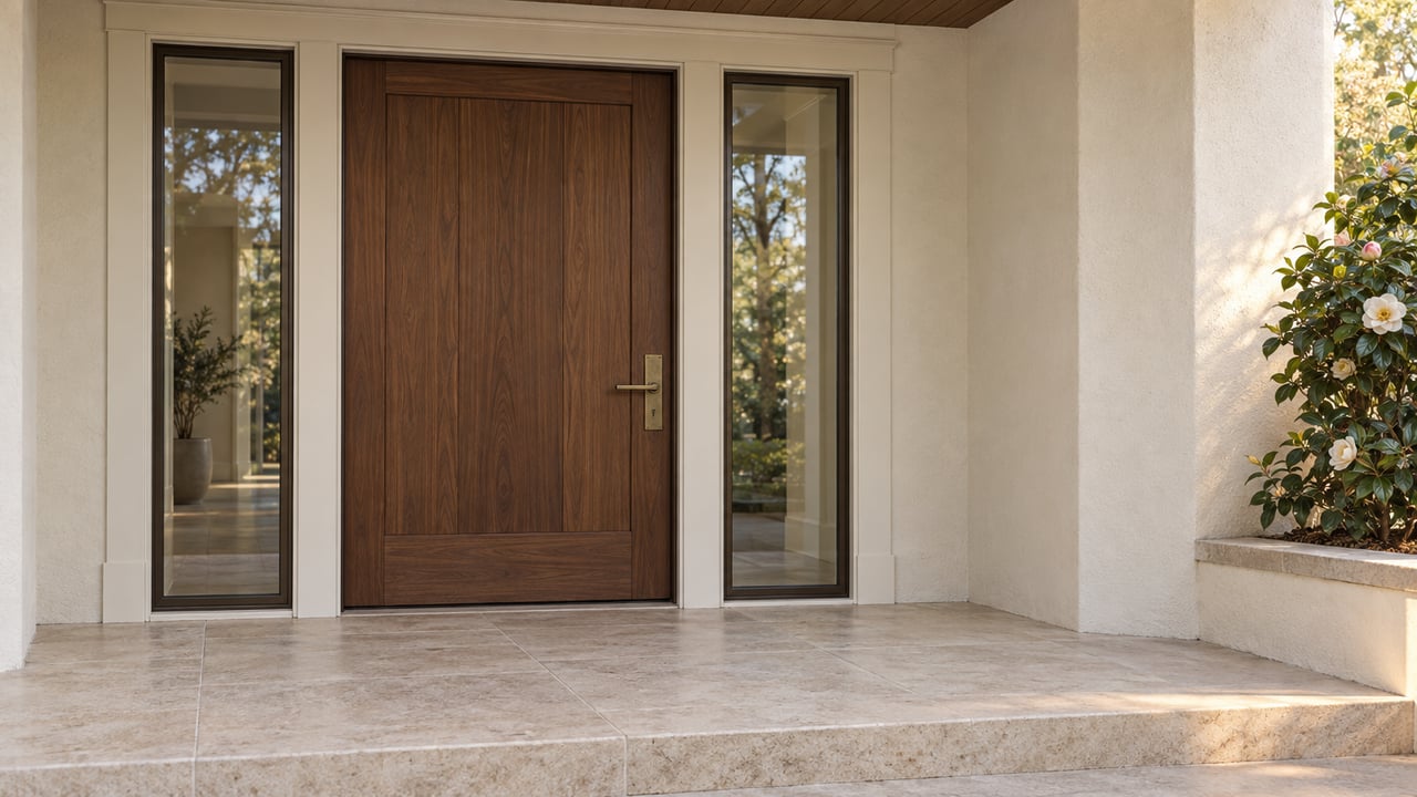 Walnut front door with matching glazed sidelights, off-white stucco surround, and limestone porch landing.
