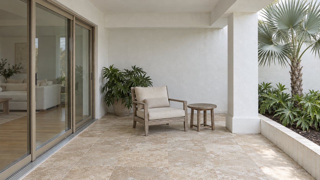 White stucco veranda with closed glass doors, weathered teak seating, pale limestone paving and a silver thatch palm in a raised planting bed.