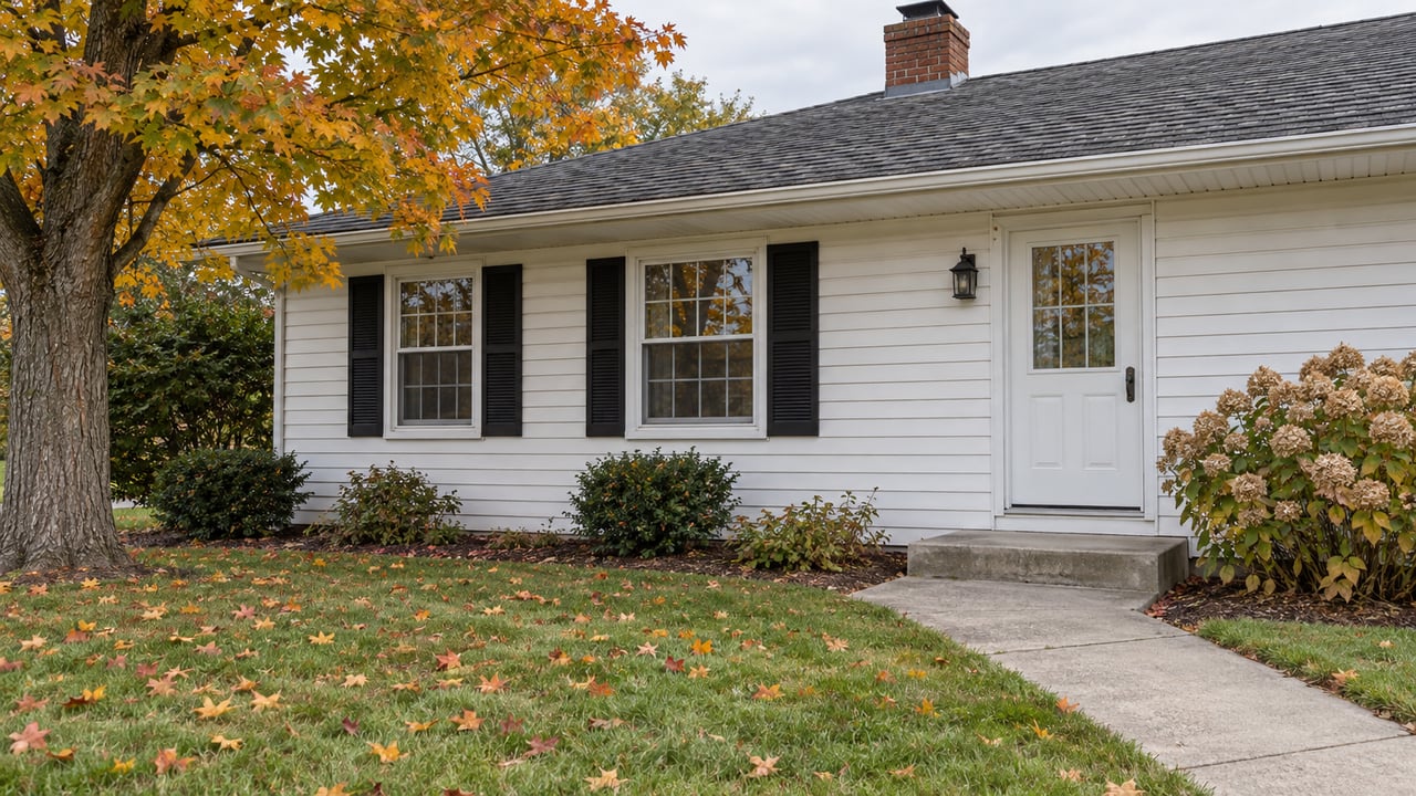 White-sided ranch home with paired black shutters, a brick chimney and a concrete front walk beside an autumn sugar maple.