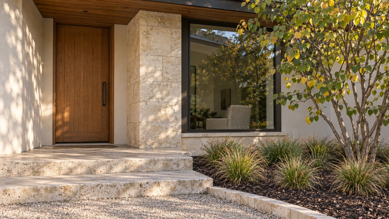 Sunlit plaster and limestone entrance with an oak door, bronze-framed window, and a western redbud beside broad stone steps.