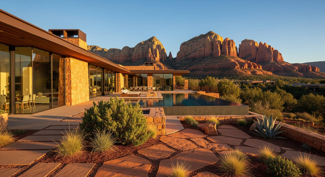 Modern glass-and-stone home and reflecting pool overlook red rock formations in the desert.