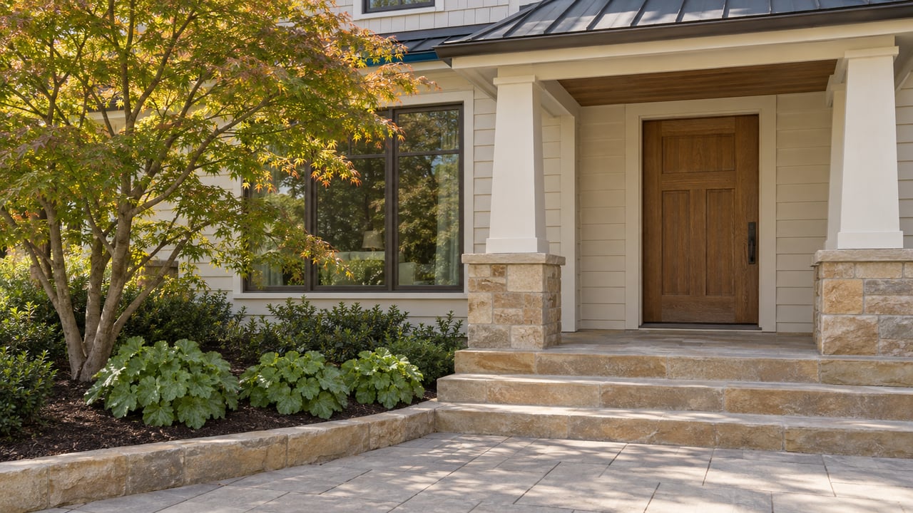 Sunlit wood-sided home entrance with an oak door, sandstone steps, and a mature Japanese maple beside a paver approach.