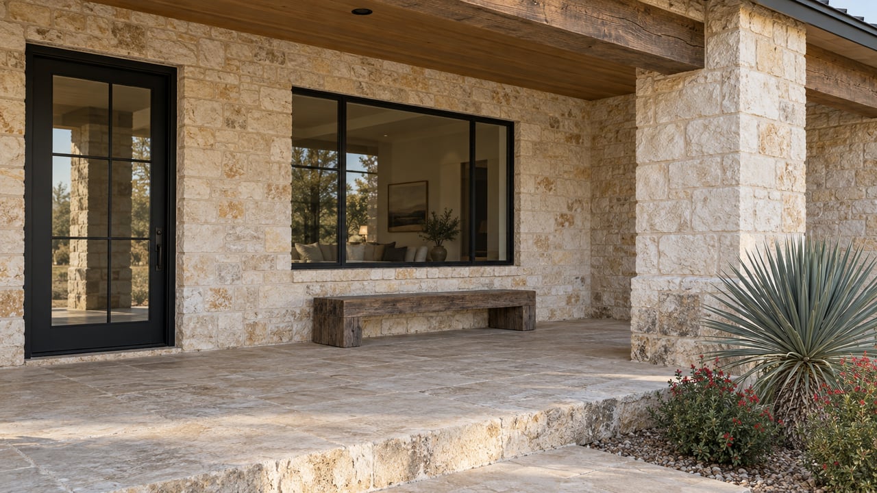 Covered porch with pale limestone walls, a checked timber beam, black-framed glass entry, and a weathered wood bench beside sculptural native planting.