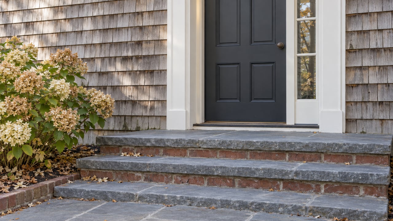 Recessed charcoal door in a shingled house, above bluestone steps with brick risers and a fading hydrangea.