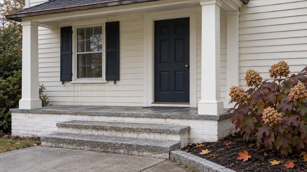 An ivory clapboard home's navy front door beneath a small covered porch, with granite steps and burgundy oakleaf hydrangea.