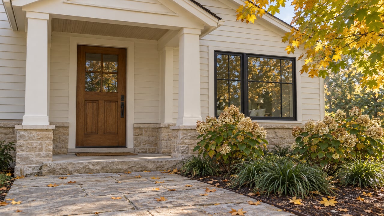 Ivory clapboard entry with an oak door, limestone walk, and maple leaves beneath a golden canopy.