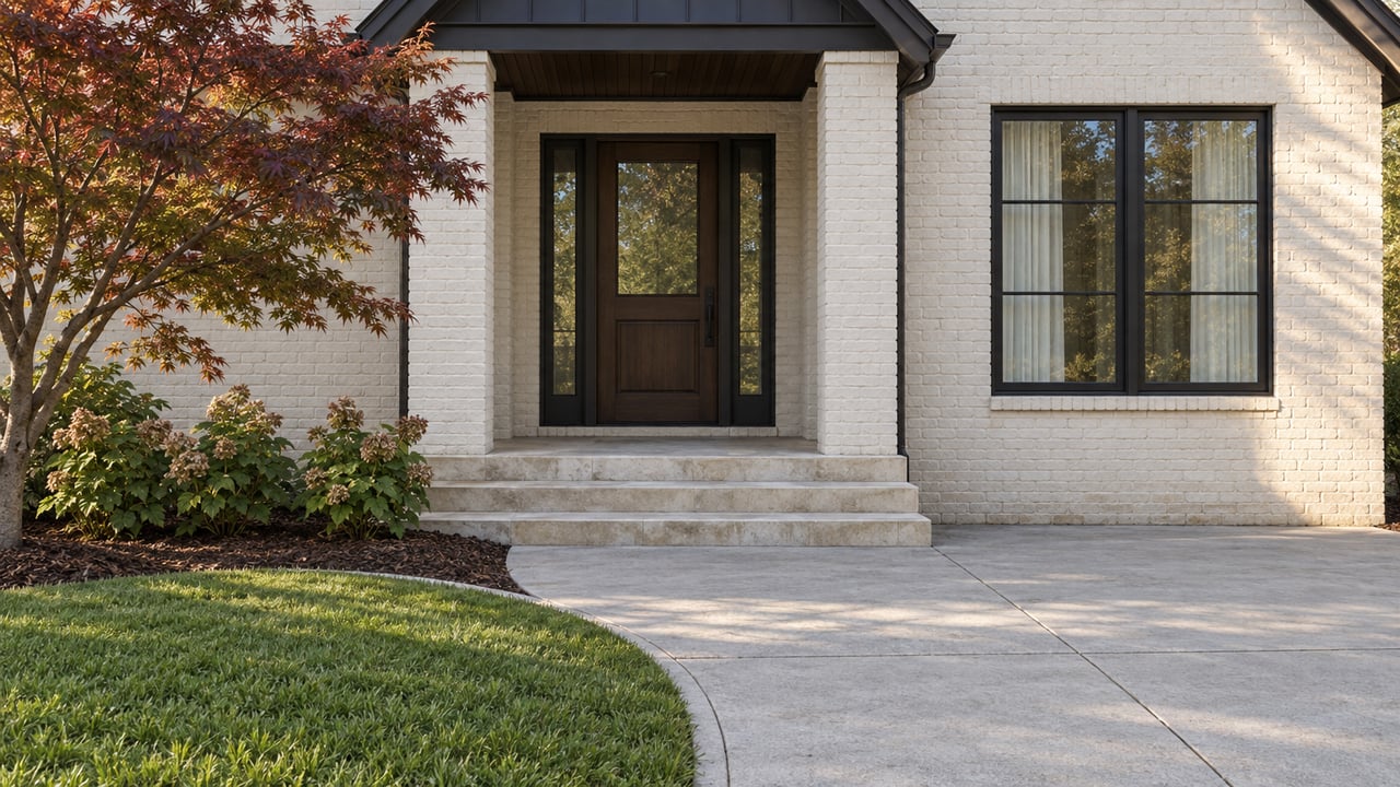 White brick home with a dark wood entry, broad stone steps, and a curved driveway.