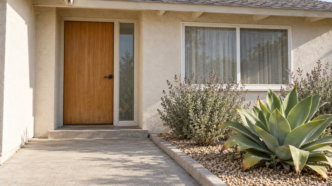 Warm wood cottage door and broad window in off-white stucco, with a concrete approach and silver-green planting in a curbed gravel bed.