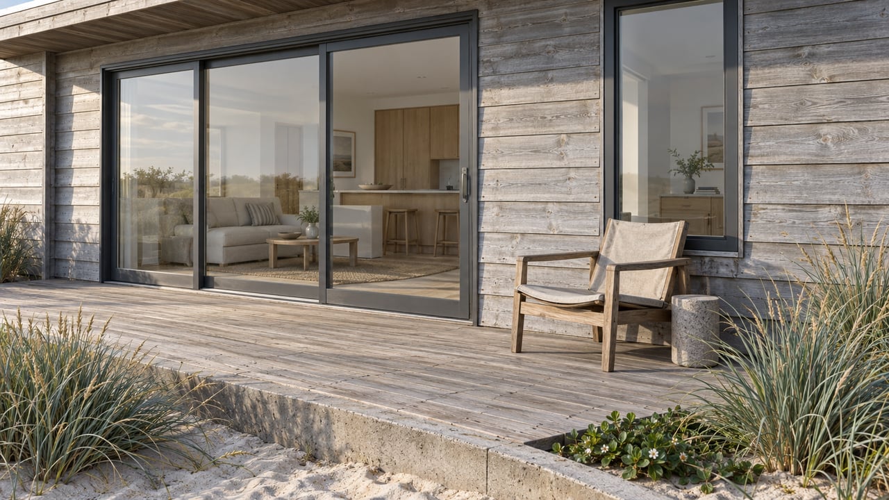 Weathered cedar beach-home terrace with closed glass doors, a teak chair and dune plants beside a concrete-edged sand bed.