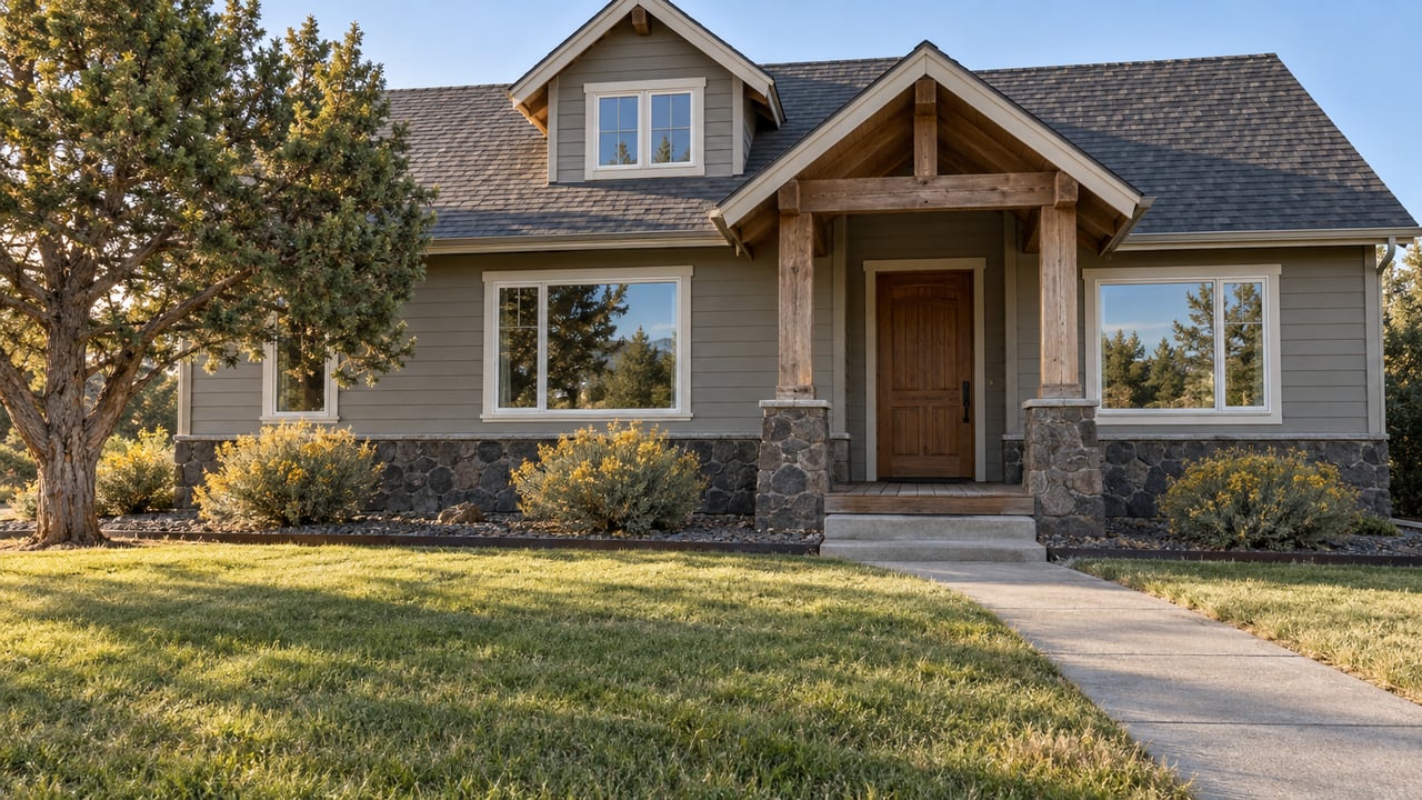 Cross-gabled home with a timber porch, basalt foundation and deep front lawn in warm afternoon light.