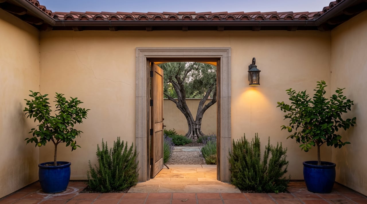 Open wood doorway frames a courtyard olive tree, with terracotta pavers and warm sconce light against the blue dusk.