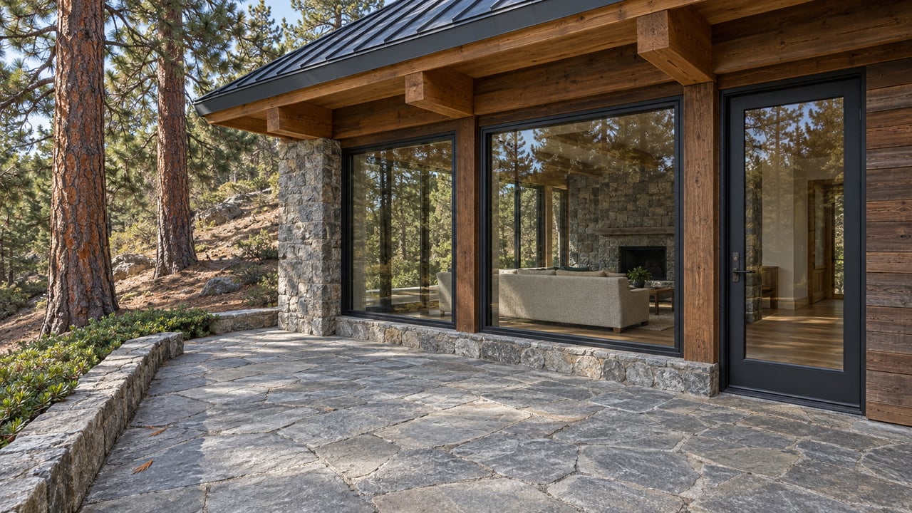 Sunlit stone terrace beside a cedar-and-stone home with tall closed windows and mature pines.