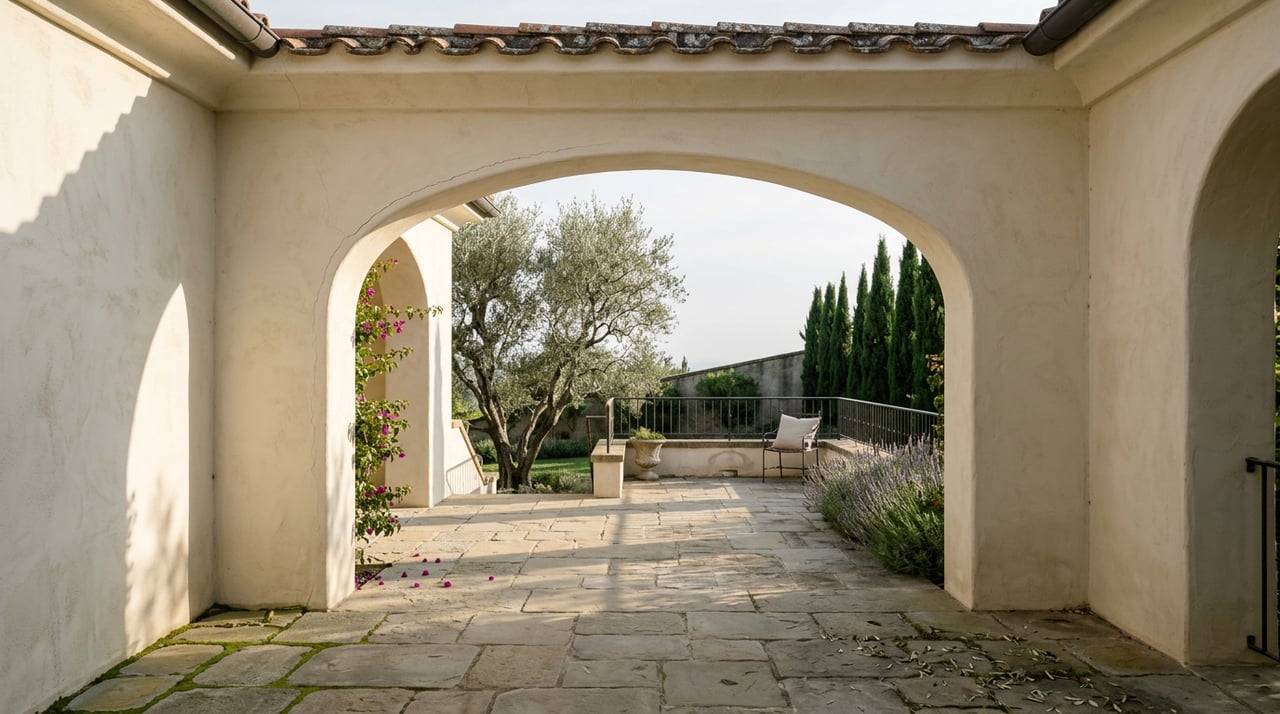 Stucco arch framing a flagstone terrace with an olive tree, wrought-iron chair, and cypress row.