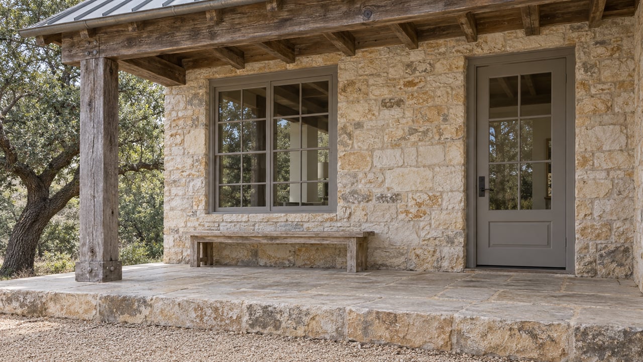 Weathered timber porch sheltering a limestone facade, closed glass door, broad window and simple oak bench, with a mature oak at the edge.