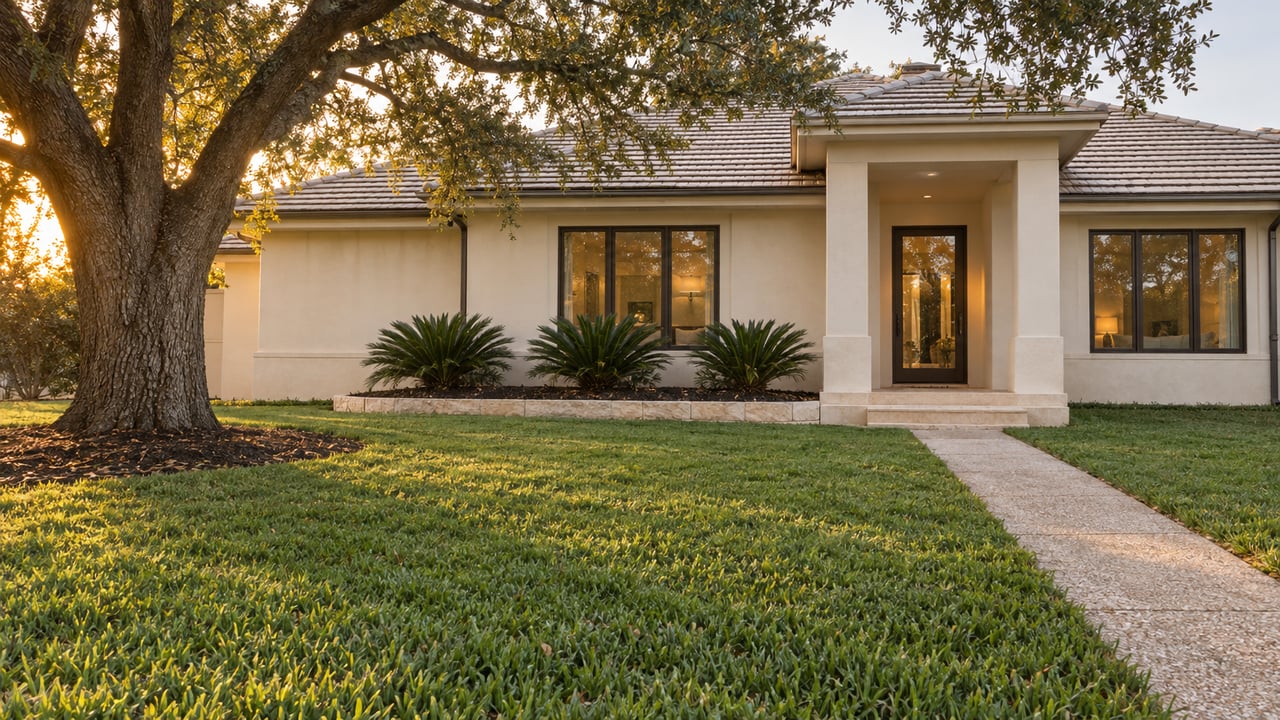Ivory stucco home with a recessed entry, broad lawn, and mature oak in warm evening light.