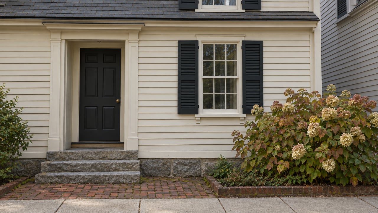 Historic cream clapboard house with a recessed charcoal door, granite steps, and a bronze-leaved hydrangea.