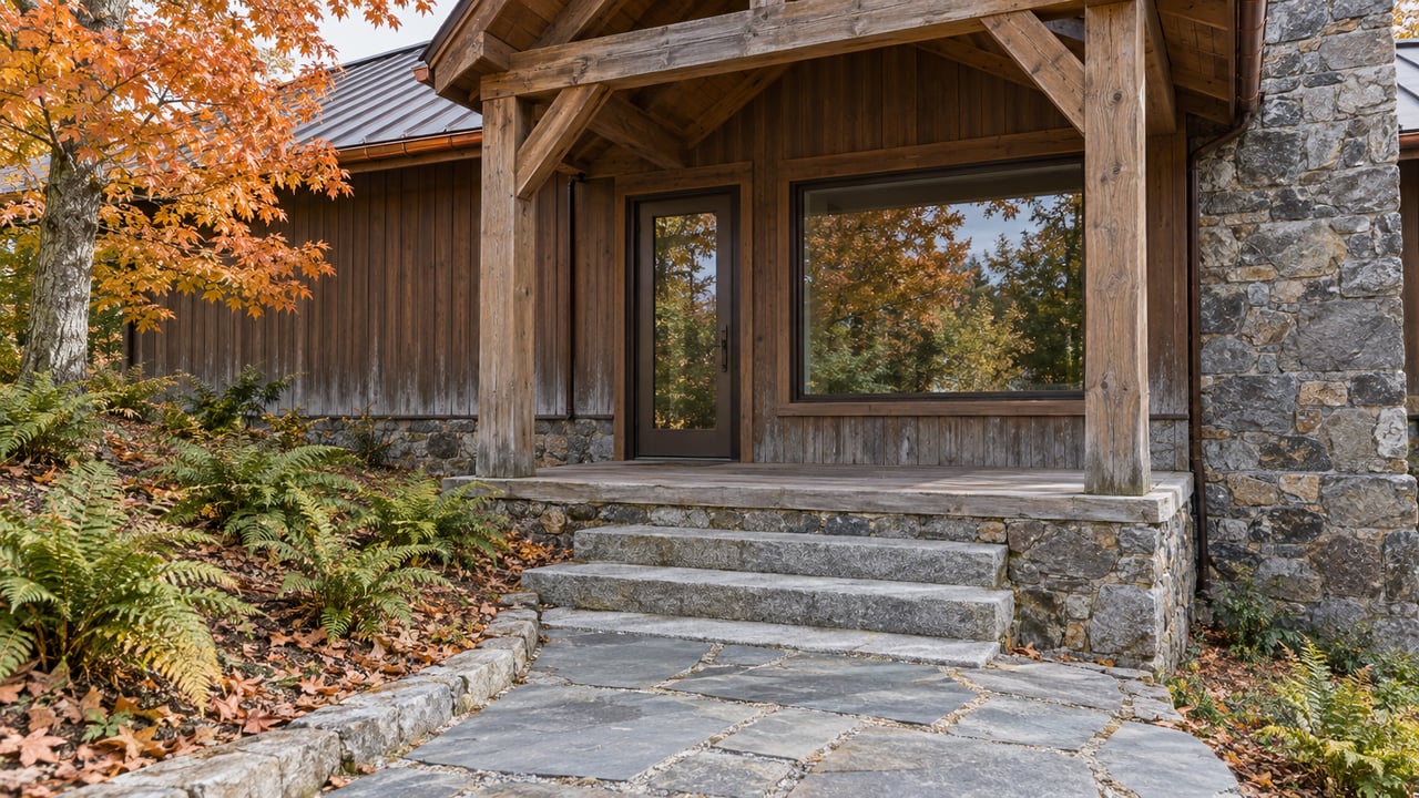 Timber covered entry with granite steps, weathered wood siding and a stone chimney beside copper-orange maple foliage.