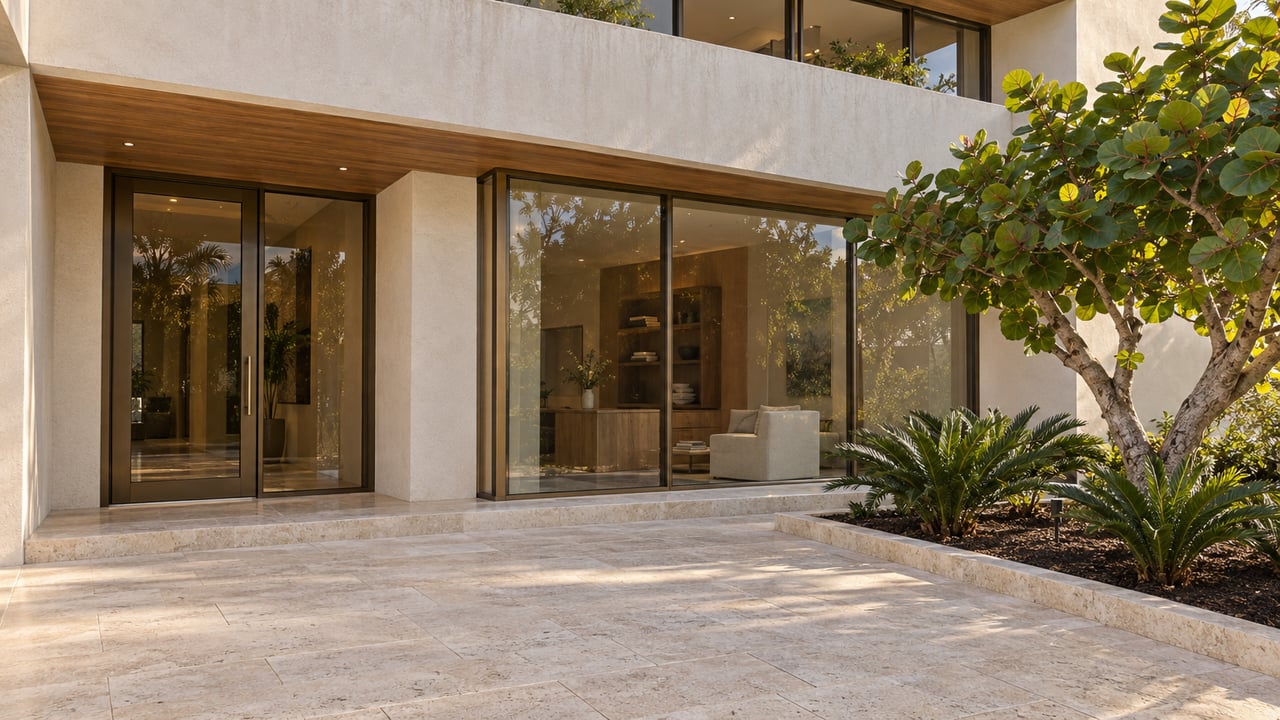 Low-angle view of a luxury residence entrance with ivory stucco, bronze-framed glass, limestone paving and a sculptural sea grape tree.