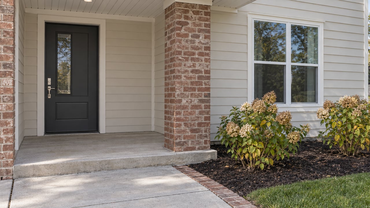 Covered front entry with off-white lap siding, red-brown brick, a charcoal door and autumn hydrangeas beside a concrete walk.