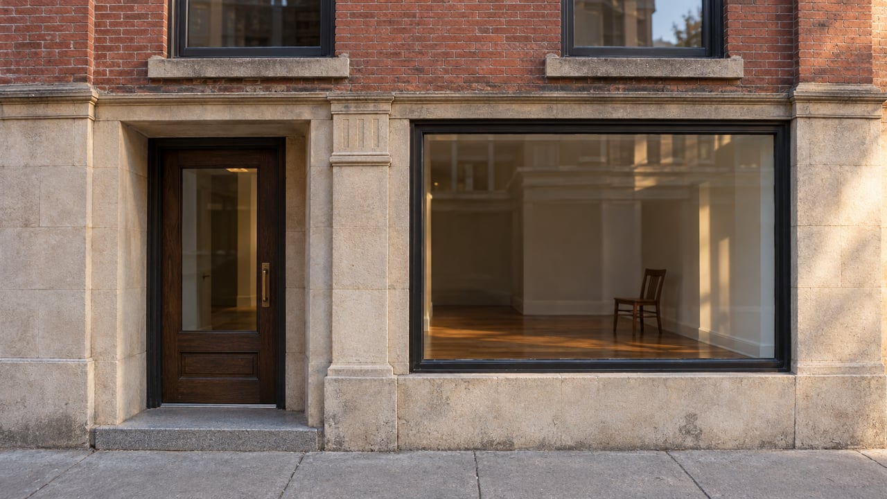 Sunlit limestone entrance and black-framed streetfront window beneath tall sash windows in a weathered brick facade.