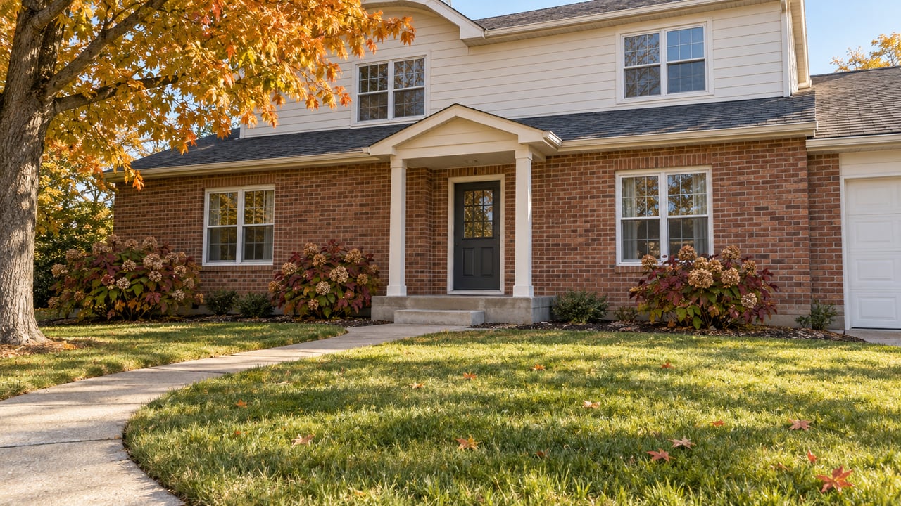 Autumn sunlight on a brick-and-ivory two-story home with a broad front lawn, curved concrete walk and amber maple canopy.