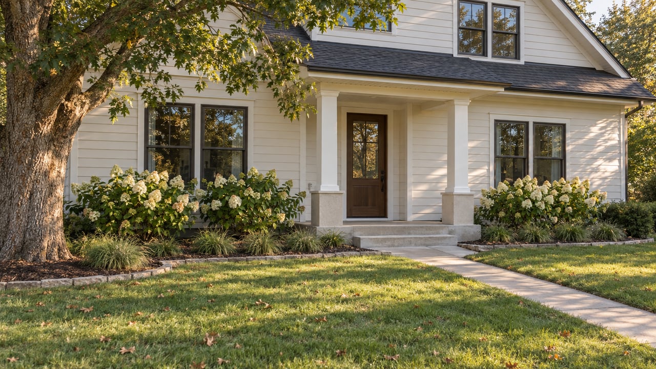 Two-story cream house with a front porch, broad lawn, diagonal walkway, and mature oak tree.