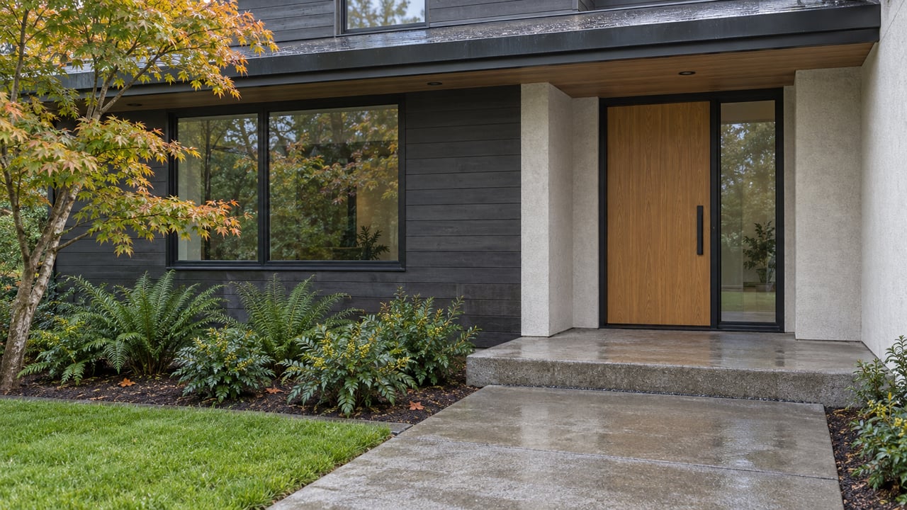 Recessed entry of a modern home with charcoal cedar siding, light stucco, black-framed glazing, and a damp concrete approach beside a vine maple and ferns.