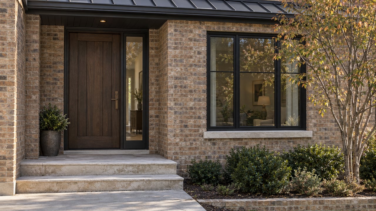 Buff-brown brick entry with a dark oak door, clear sidelight, black-framed window, and limestone steps.