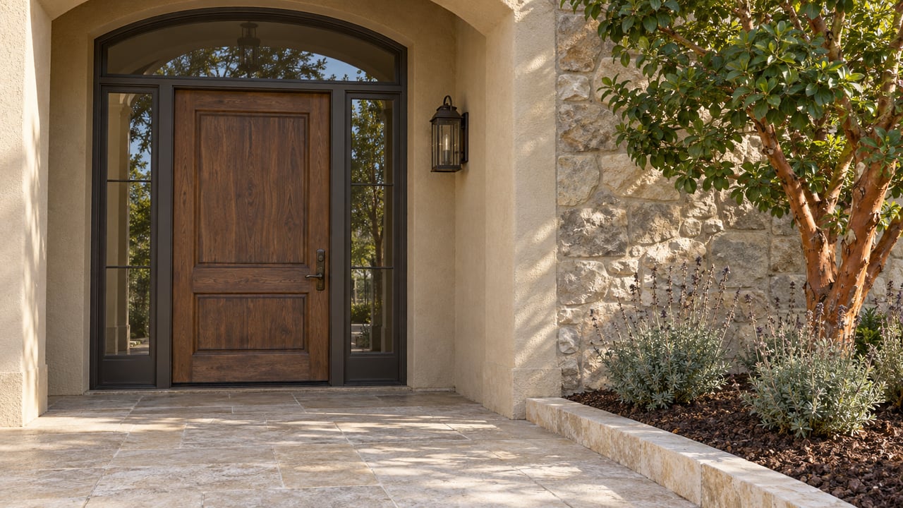 Recessed walnut entry door framed by warm stucco and stone, beside a strawberry tree and sage planting above a limestone terrace.