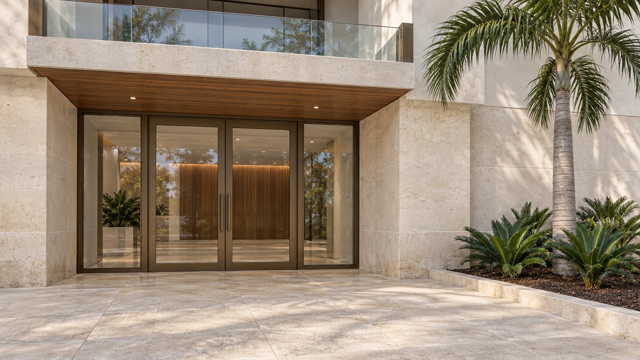 Low-angle view of a limestone residential entrance beneath a glass balcony, with bronze-framed doors and a specimen palm in a bordered planting bed.