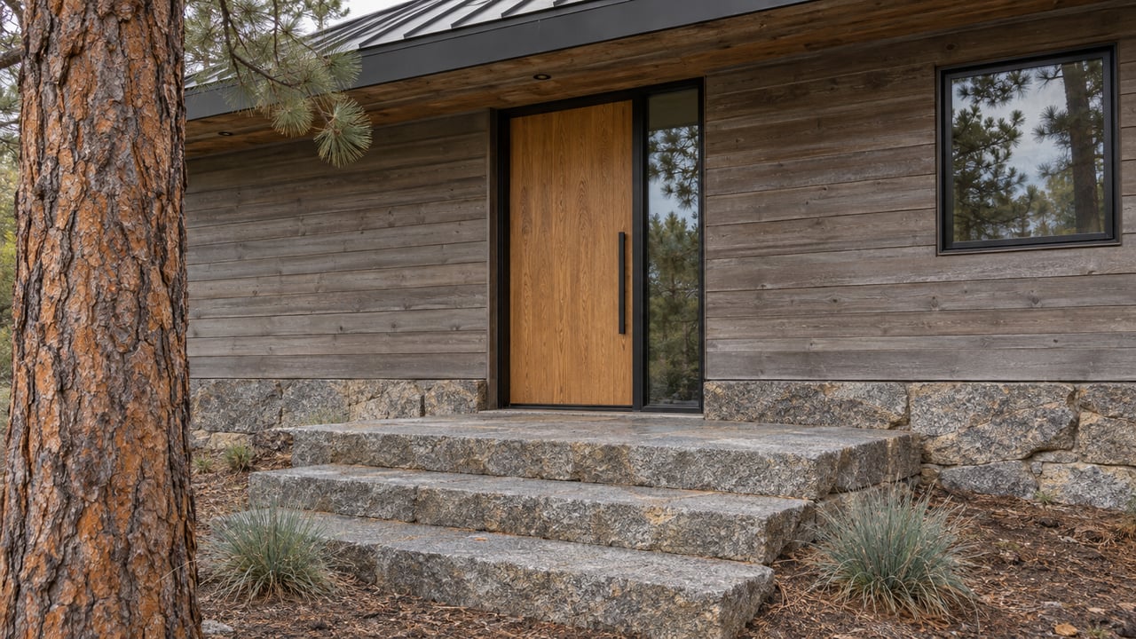Oak entry door and glazed sidelight above granite steps, framed by cedar siding and a pine trunk.