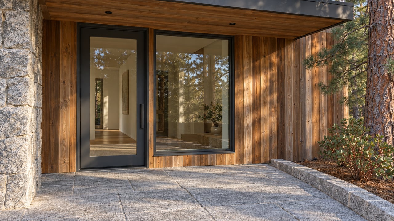 Sunlight grazes cedar siding and granite paving at a glazed home entry beside a mature pine.