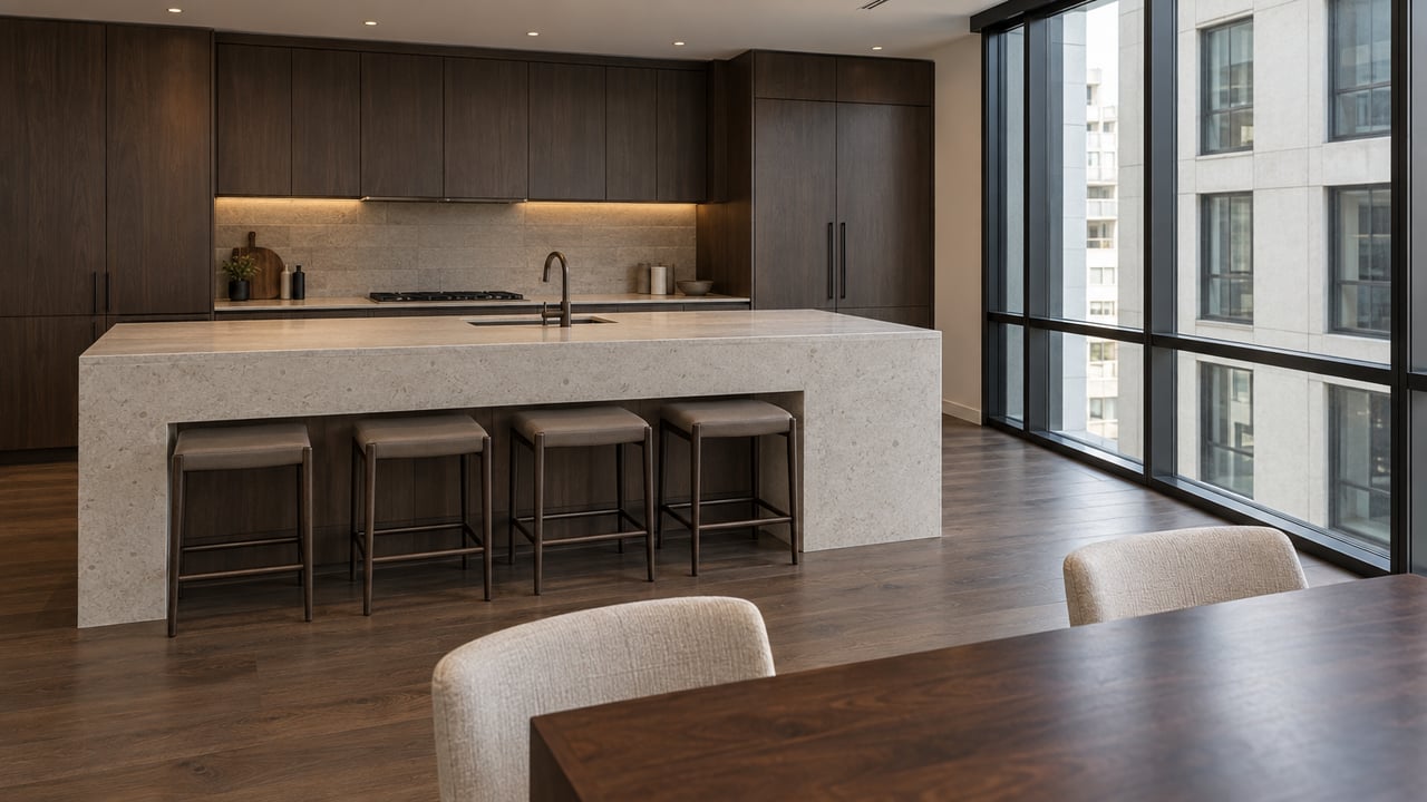 Condominium kitchen and dining room with a limestone island, walnut cabinets, and neighboring buildings beyond glass.