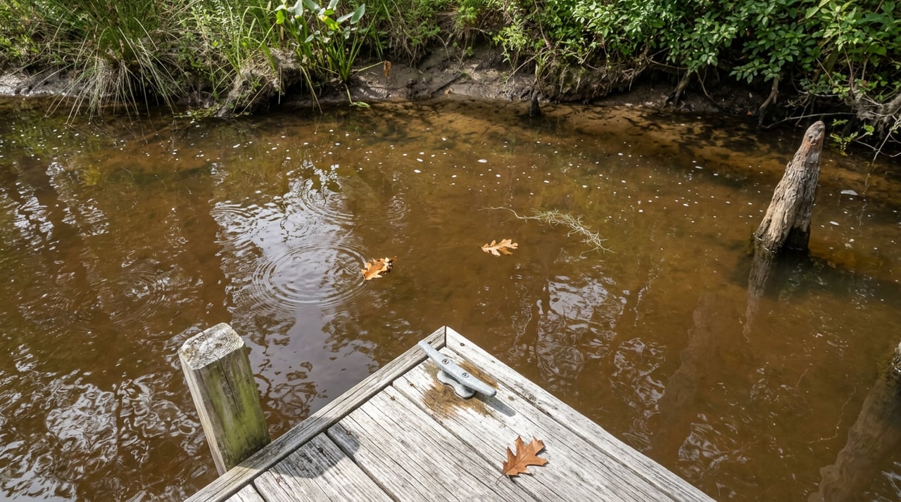 Weathered dock corner with a galvanized cleat above tea-brown river water, a cypress knee, floating leaves, and muddy bank.