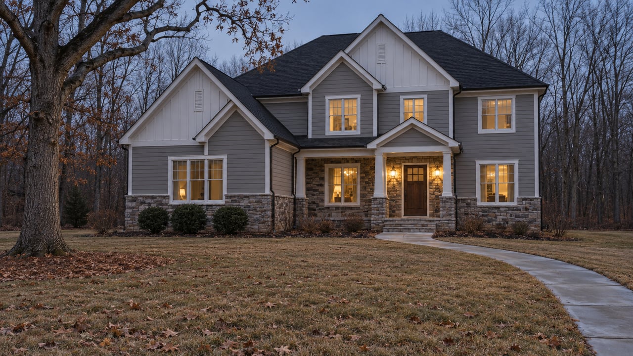 Two-story gray gabled home with stone entry, broad dormant lawn and bare oak tree at winter dusk.