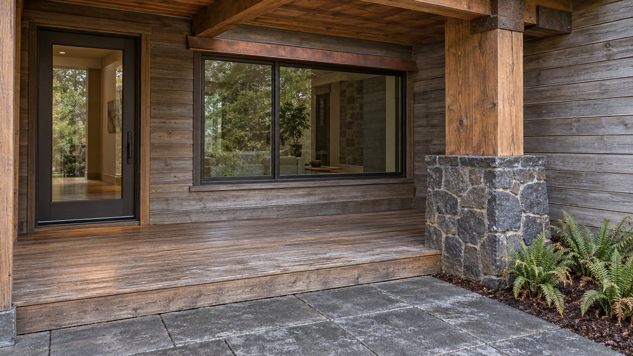 Covered home entry with weathered cedar decking, exposed timber, bronze-framed glazing and basalt masonry beside three sword ferns.